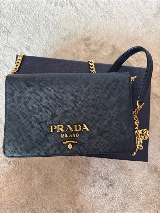Prada Handbags - Prada Black Saffiano Leather Chain Shoulder Bag with Gold Hardware